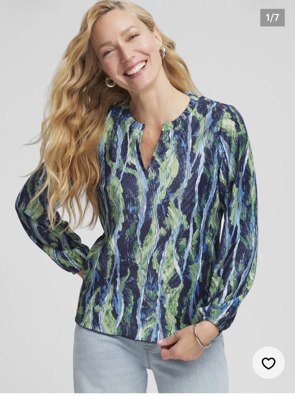 Chicos Ocean Plume Crinkle Blouse Top Size 4 US XXL Blue Green Long Sleeve